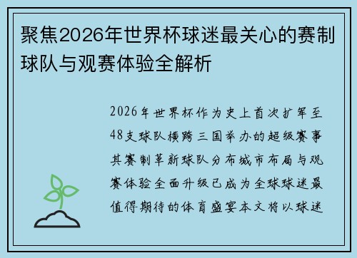 聚焦2026年世界杯球迷最关心的赛制球队与观赛体验全解析