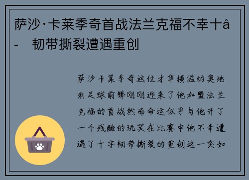 萨沙·卡莱季奇首战法兰克福不幸十字韧带撕裂遭遇重创